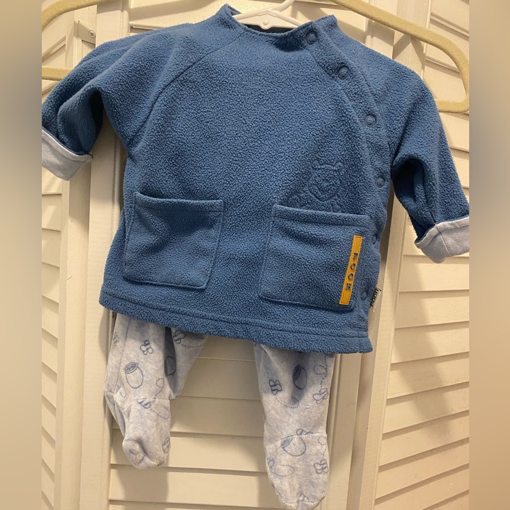 DISNEY Baby Boy Sincerely Pooh “2pc Pants & Fleece Jacket” Size 0-3mo Blue EUC